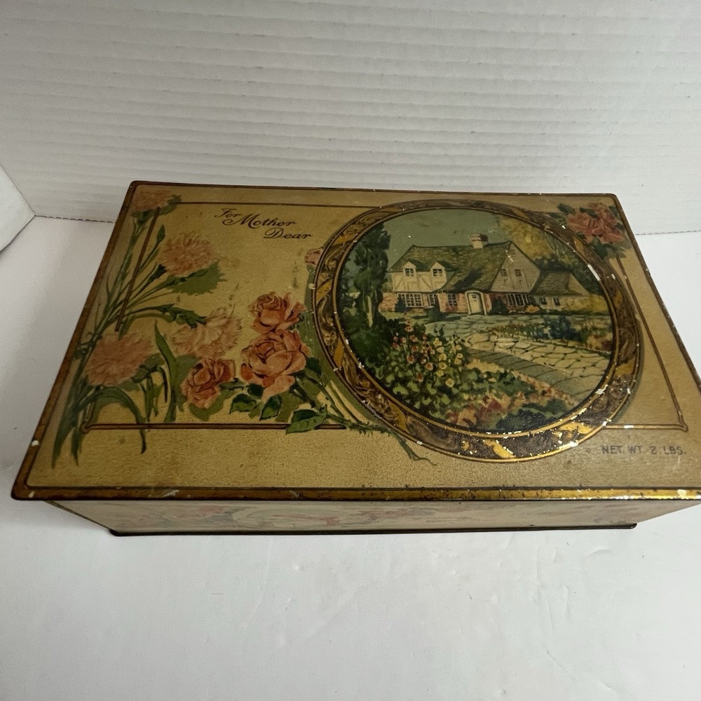 Art Nouveau Vassar Chocolates For Mother Dear Tin Canco VTG Cottage Roses Metal - Picture 2 of 13